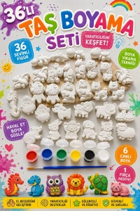  36 Adet (3D) Hayvanlar Alemi Taş Boyama Figür Çocuk Gelişimi Boyama Etkinlik Seti Zoo Stone Painting